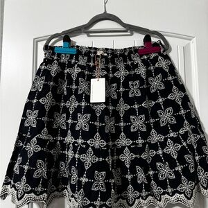 Skies Are Blue Navy and White Embroidered Skirt